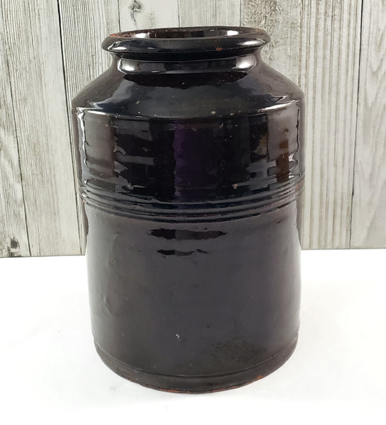 Antique Dark Brown Glazed Redware Jar 8 1/4" 2 Quart