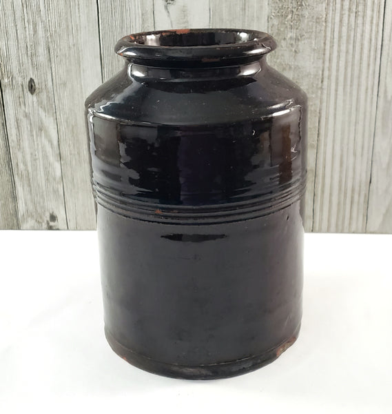 Antique Dark Brown Glazed Redware Jar 8 1/4" 2 Quart