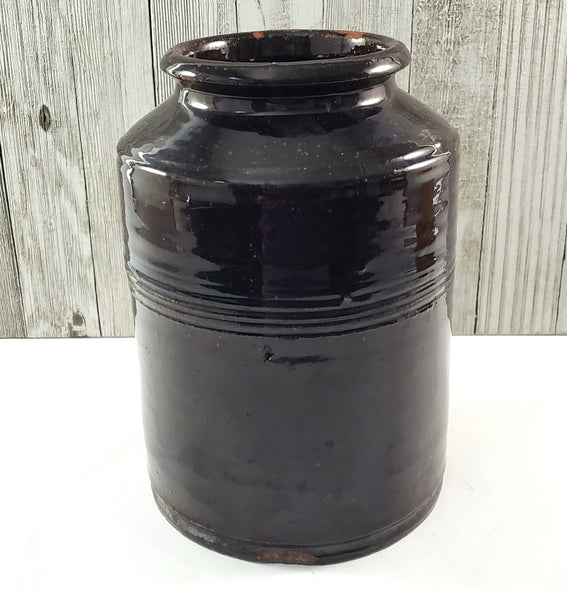 Antique Dark Brown Glazed Redware Jar 8 1/4" 2 Quart