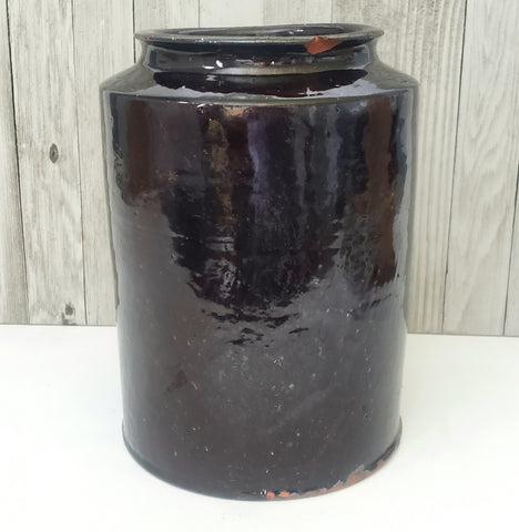Antique Redware Dark Brown Glazed Storage Jar 9 3/4" Gallon