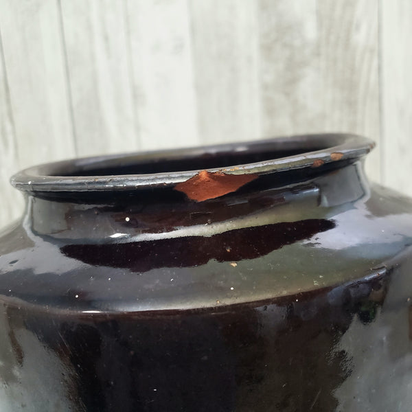 Antique Redware Dark Brown Glazed Storage Jar 9 3/4" Gallon