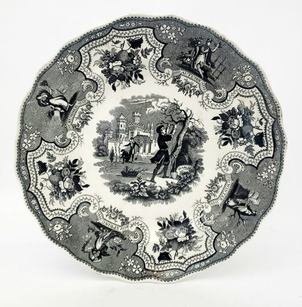 Antique Black Transferware Plate 9 1/4" SEASONS by Adams England