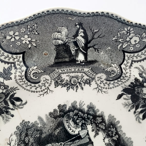 Antique Black Transferware Plate 9 1/4" SEASONS March by Adams England