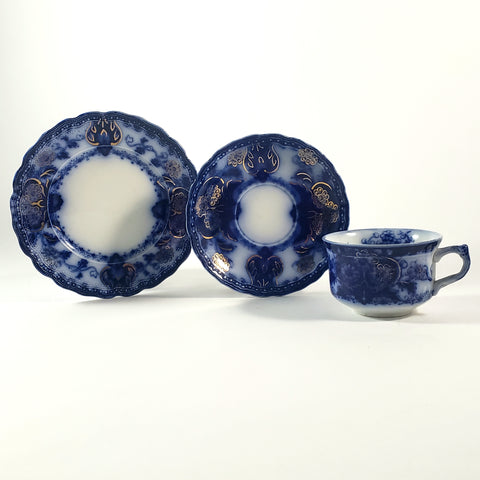 Antique English Flow Blue tea Cup, Saucer & Plate SEVILLE by Wood & Son