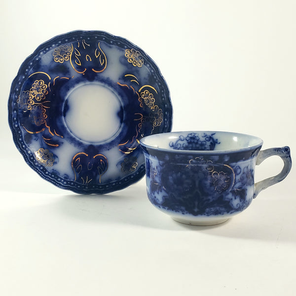 Antique English Flow Blue tea Cup, Saucer & Plate SEVILLE by Wood & Son