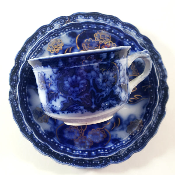 Antique English Flow Blue tea Cup, Saucer & Plate SEVILLE by Wood & Son