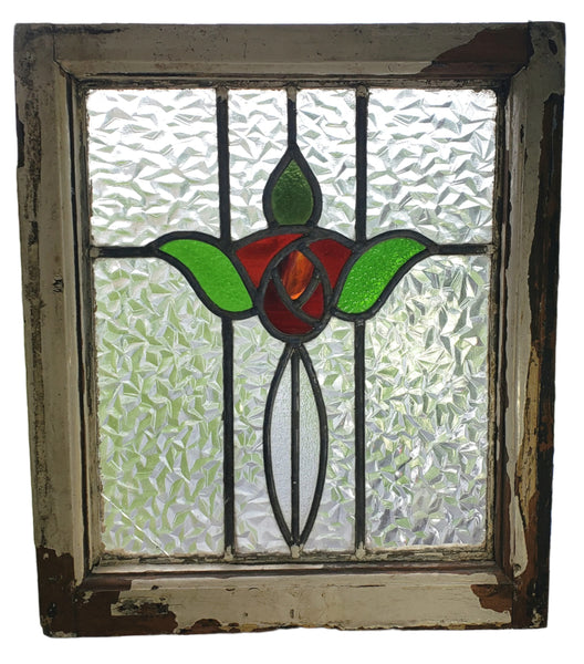 Old Leaded Stained Glass Window Original White Chippy Paint Wood Frame TULIP