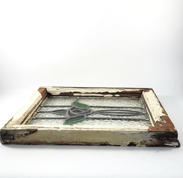 Old Leaded Stained Glass Window Original White Chippy Paint Wood Frame TULIP