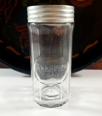 Vintage Hoosier Style Clear Glass Allspice Jar Aluminum Lid