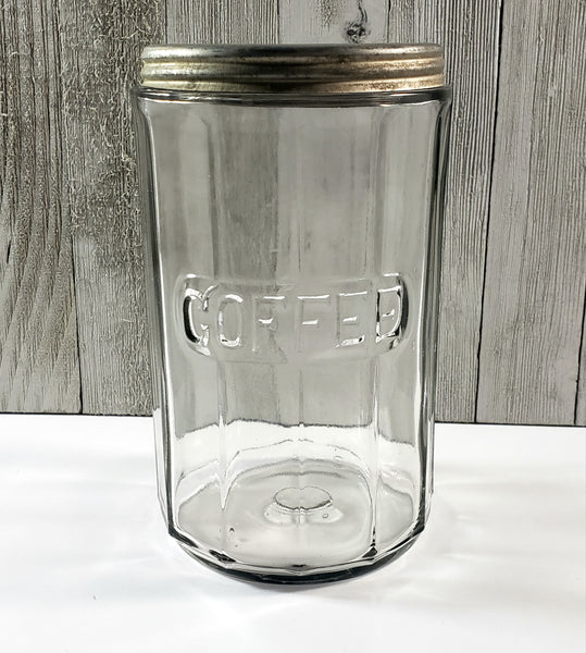 Antique Hoosier Cabinet Clear Glass COFFEE Jar Colonial Style with Tin Lid