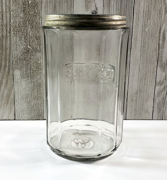 Antique Hoosier Cabinet Clear Glass COFFEE Jar Colonial Style with Tin Lid