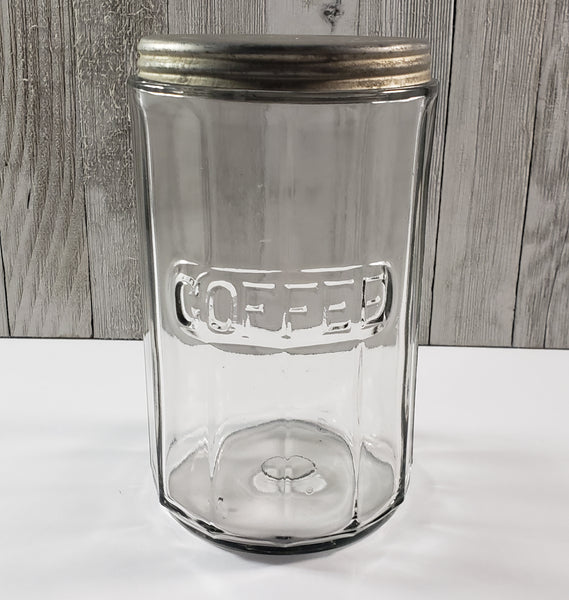 Antique Hoosier Cabinet Clear Glass COFFEE Jar Colonial Style with Tin Lid