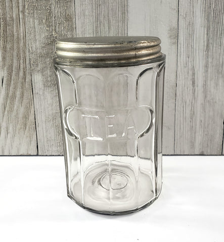 Antique Hoosier Cabinet Clear Glass TEA Jar Colonial Style with Tin Lid