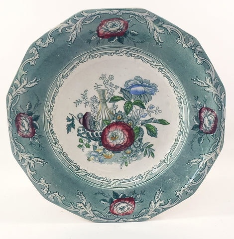 Antique English Ironstone Green Transfer Polychrome Plate 9 3/4" EXCELSIOR G. Wooliscroft