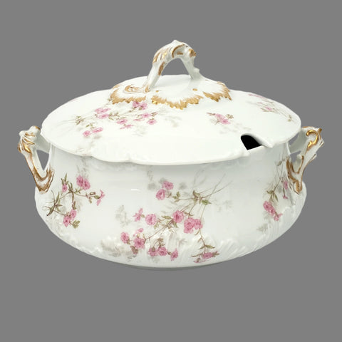 Porcelain Round Covered Serving Bowl Pink Floral Gold Accents GDA Limoges France