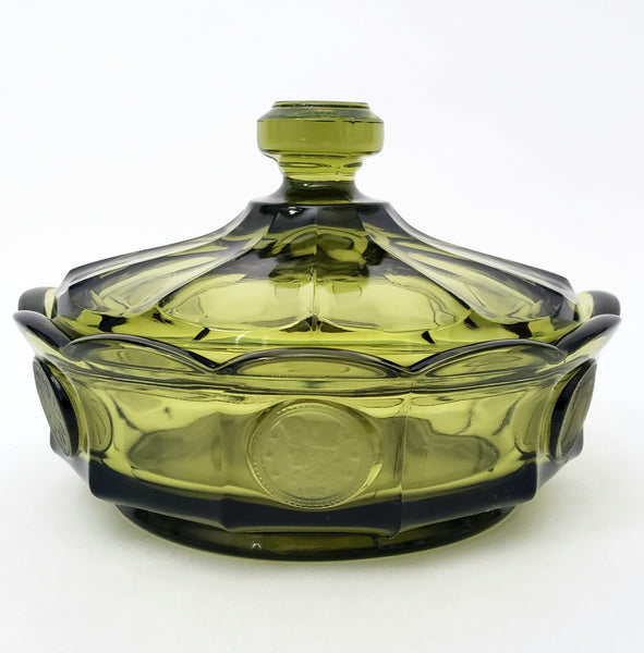 Fostoria Coin Glass Green Candy Dish with Lid Patriotic Symbols