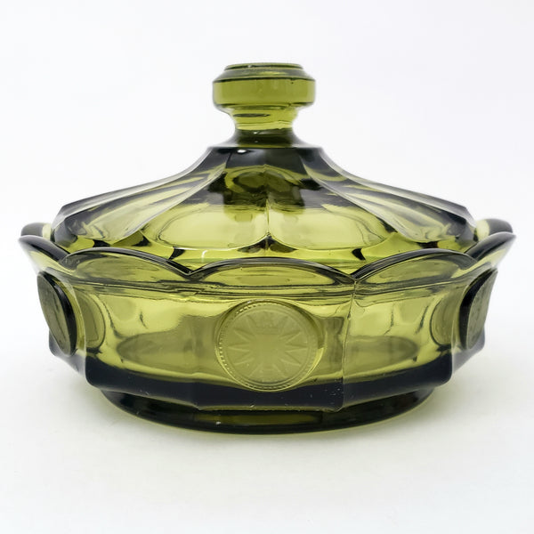 Fostoria Coin Glass Green Candy Dish with Lid Patriotic Symbols