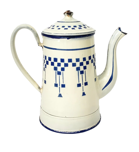 Vintage French Enamelware Coffee Pot Blue Lustucru Geometric Design