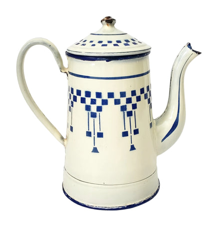 Vintage French Enamelware Coffee Pot Blue Lustucru Geometric Design