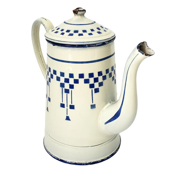 Vintage French Enamelware Coffee Pot Blue Lustucru Geometric Design