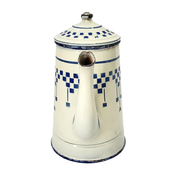 Vintage French Enamelware Coffee Pot Blue Lustucru Geometric Design