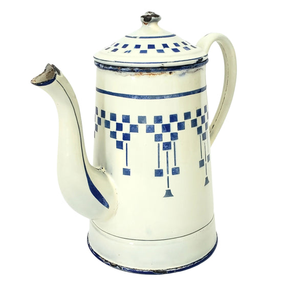 Vintage French Enamelware Coffee Pot Blue Lustucru Geometric Design
