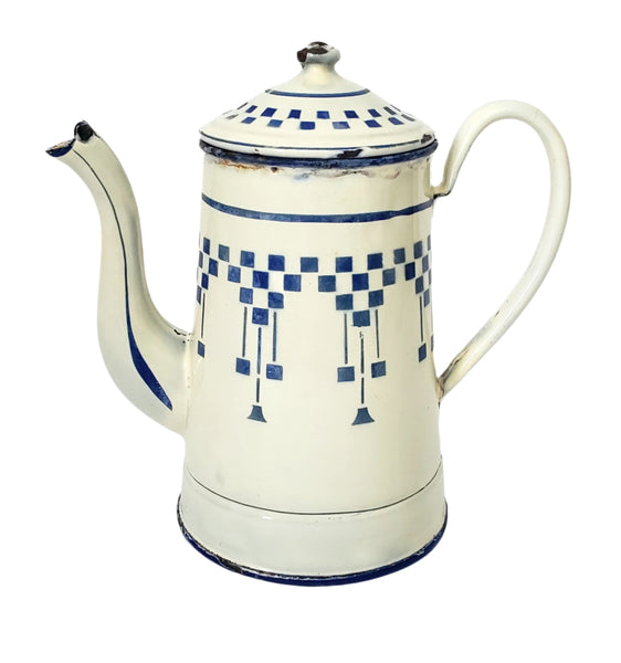 Vintage French Enamelware Coffee Pot Blue Lustucru Geometric Design