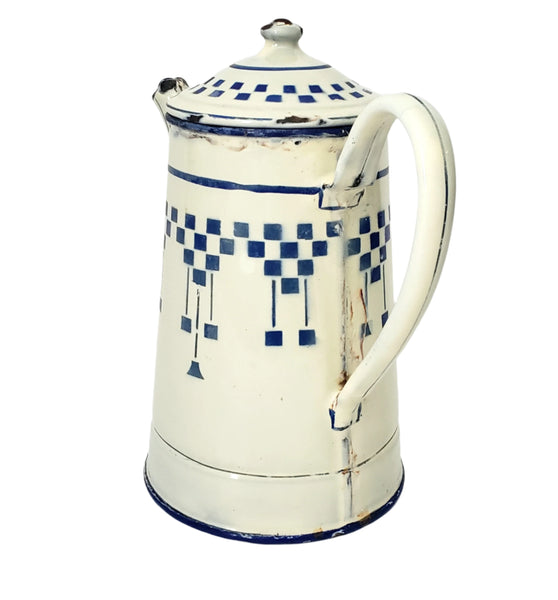 Vintage French Enamelware Coffee Pot Blue Lustucru Geometric Design