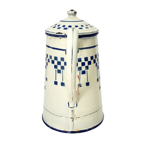 Vintage French Enamelware Coffee Pot Blue Lustucru Geometric Design