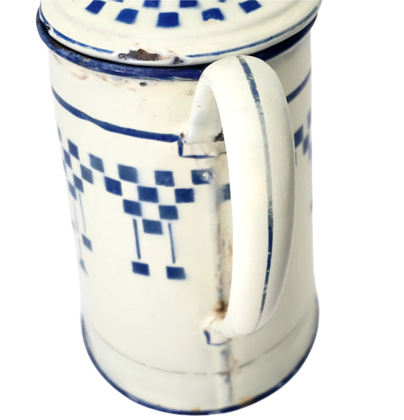 Vintage French Enamelware Coffee Pot Blue Lustucru Geometric Design