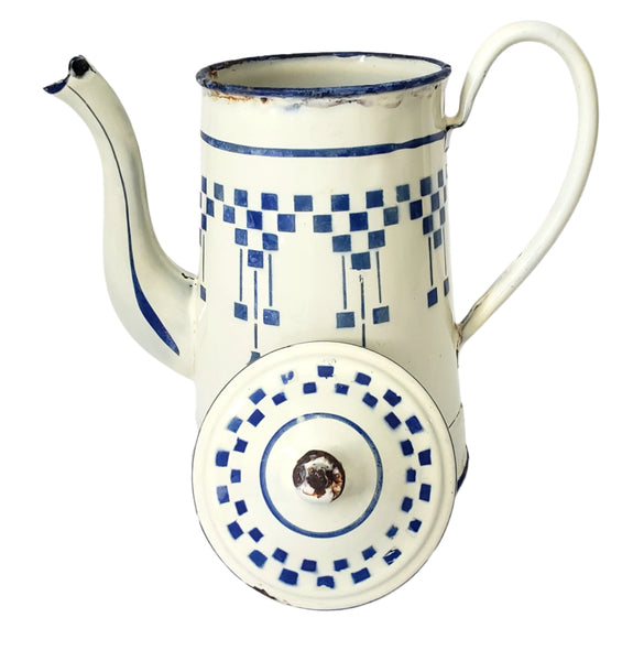 Vintage French Enamelware Coffee Pot Blue Lustucru Geometric Design