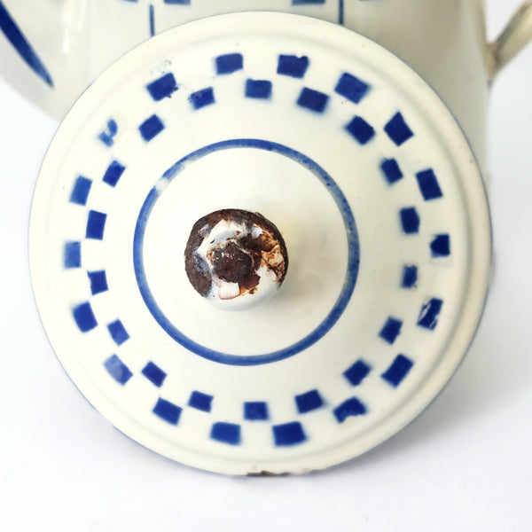 Vintage French Enamelware Coffee Pot Blue Lustucru Geometric Design