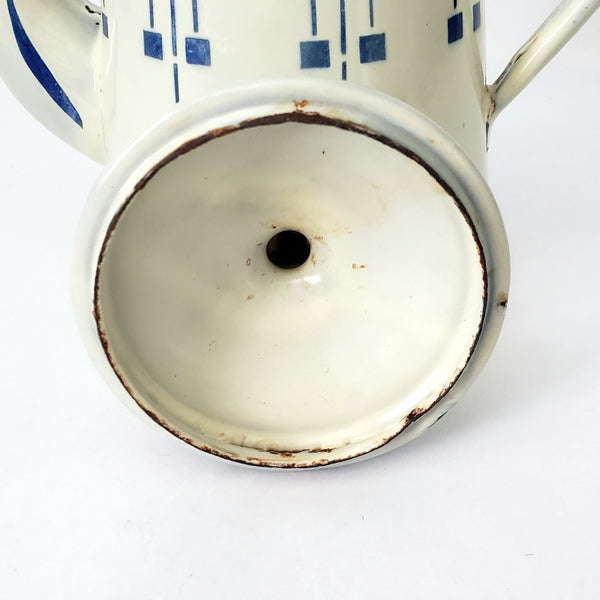 Vintage French Enamelware Coffee Pot Blue Lustucru Geometric Design