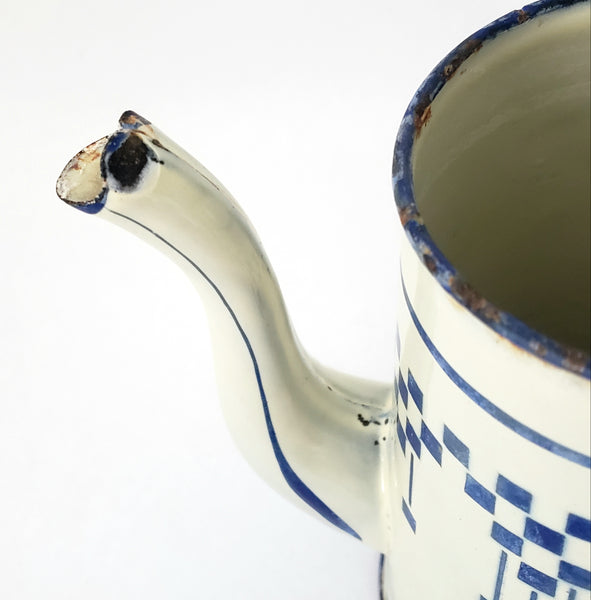 Vintage French Enamelware Coffee Pot Blue Lustucru Geometric Design