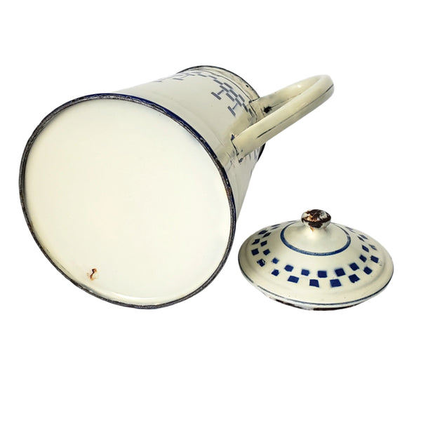 Vintage French Enamelware Coffee Pot Blue Lustucru Geometric Design