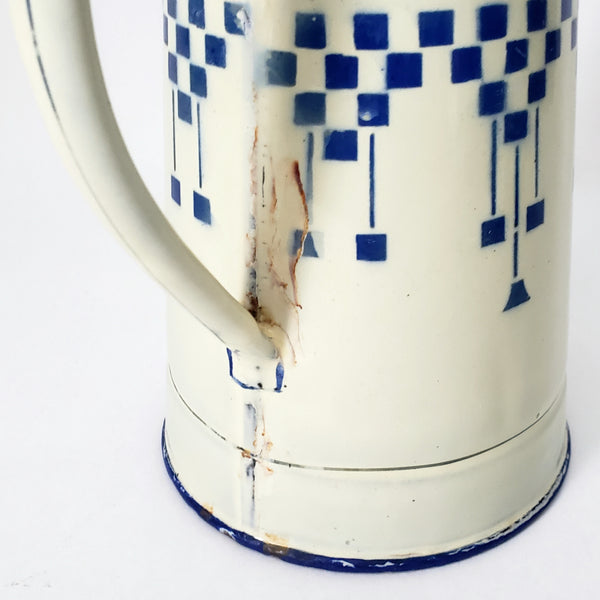 Vintage French Enamelware Coffee Pot Blue Lustucru Geometric Design