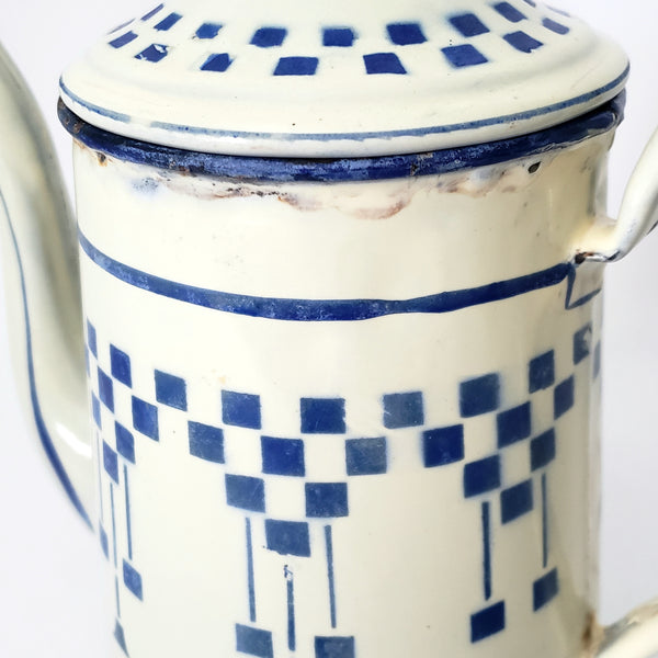 Vintage French Enamelware Coffee Pot Blue Lustucru Geometric Design