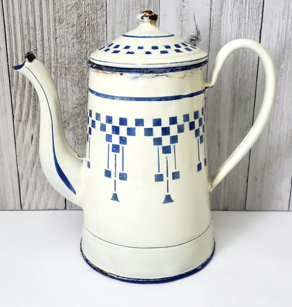 Vintage French Enamelware Coffee Pot Blue Lustucru Geometric Design