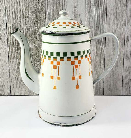 Vintage French Enamelware Coffee Pot Orange & Green Lustucru Geometric Design
