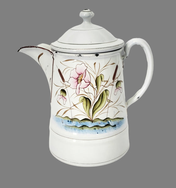 Vintage Small White Enamelware Coffee Pot Wetland Scene