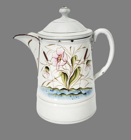 Vintage Small White Enamelware Coffee Pot Wetland Scene
