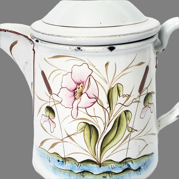 Vintage Small White Enamelware Coffee Pot Wetland Scene