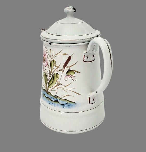 Vintage Small White Enamelware Coffee Pot Wetland Scene