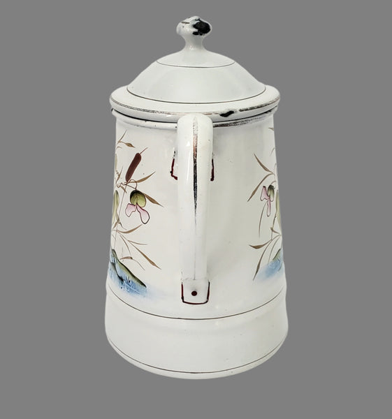 Vintage Small White Enamelware Coffee Pot Wetland Scene