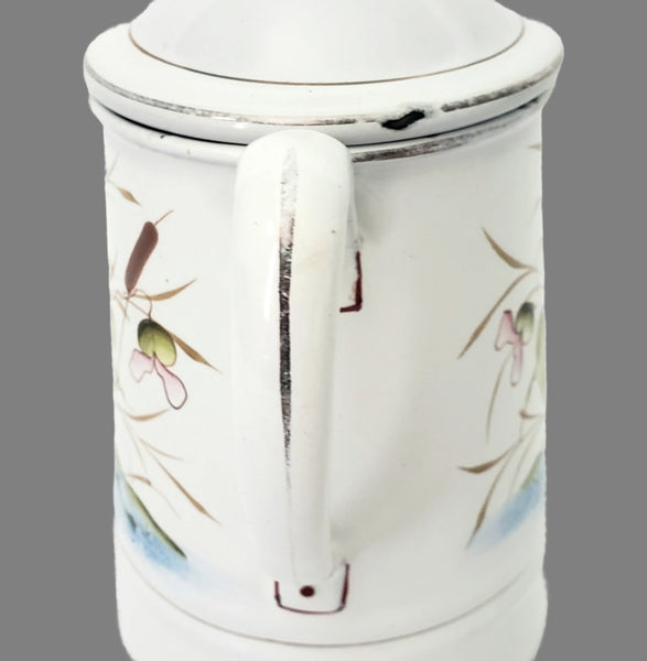 Vintage Small White Enamelware Coffee Pot Wetland Scene
