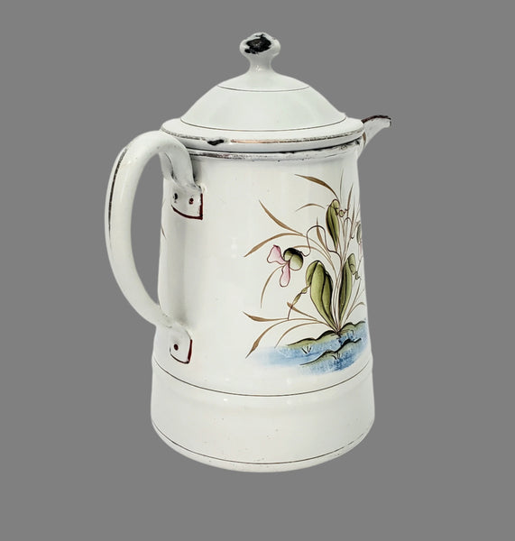 Vintage Small White Enamelware Coffee Pot Wetland Scene
