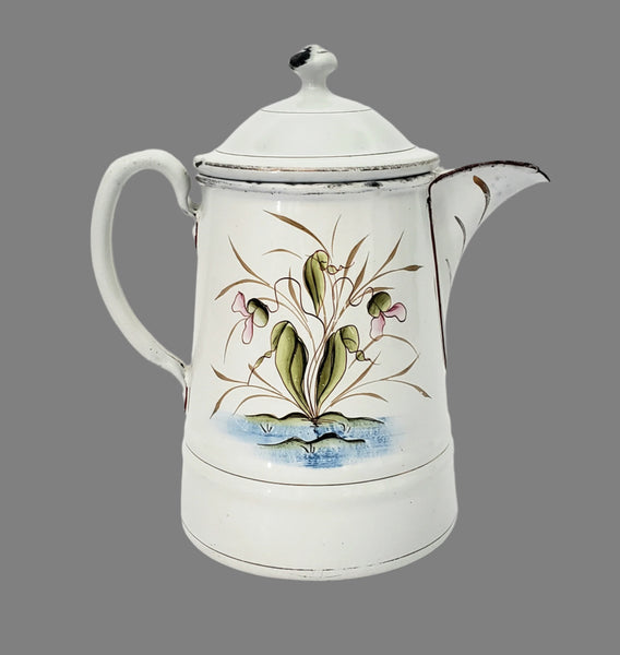 Vintage Small White Enamelware Coffee Pot Wetland Scene