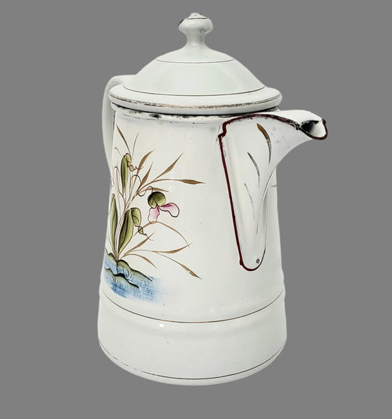 Vintage Small White Enamelware Coffee Pot Wetland Scene