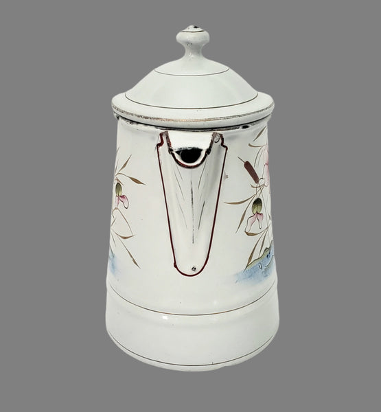 Vintage Small White Enamelware Coffee Pot Wetland Scene