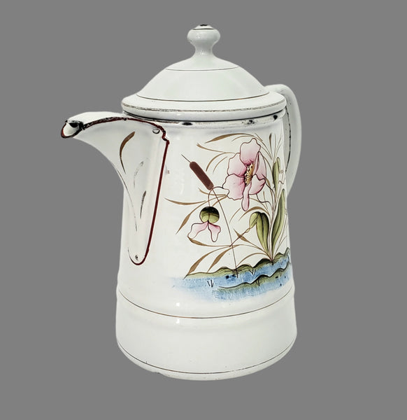 Vintage Small White Enamelware Coffee Pot Wetland Scene